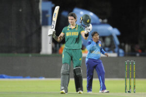 KIMBERLEY - APRIL 13: Laura Wolvaardt of South Africa reaching her 100 during the 2nd Women's One Day International match between South Africa and Sri Lanka at Diamond Oval on April 13, 2024 in Kimberley, South Africa. (Photo by Charle Lombard/Gallo Images)