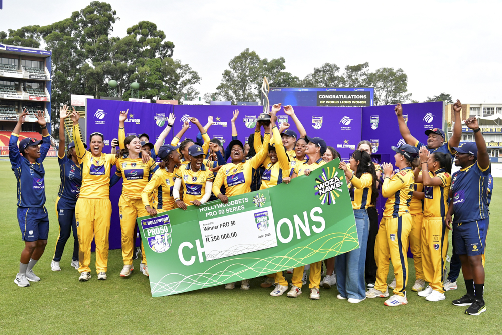 The Lions are the champions during the Hollywoodbets Pro50 match between DP World Lions Women and Fidelity Titans Women at DP World Wanderers Stadium on March 22, 2025 in Johannesburg, South Africa. (Photo by Sydney Seshibedi-Gallo Images