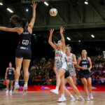 Phoenix Karaka and Nichole Taljaard: Phoenix Karaka of New Zealand and Nichole Taljaard of South Africa during the Netball World Cup 2023, Pool G match between South Africa and New Zealand at Cape Town International Convention Centre on August 02, 2023 in Cape Town, South Africa. (Photo by Shaun Roy/Gallo Images/Netball World Cup 2023)